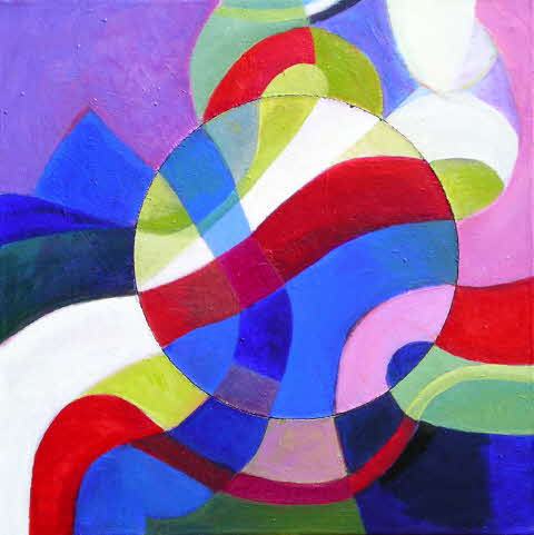 Susanne Beckh - Rot -Blau in Bewegung, 50 x 50, Acryl auf Holz und Leinwand mit 1 Drehkörper, 2012