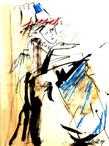 Susanne Beckh - Grünes Vöglein flieg, 65 x 47, Tusche mit Kreide, 1999