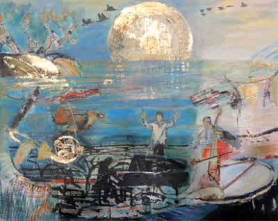 Susanne Beckh - 'Komposition mit Instrumenten', 120 x 150, Acryl und Collage, 2019